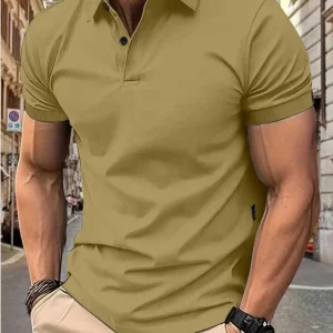 T-shirt à manches courtes et revers boutonné pour hommes, couleur unie, haut décontracté