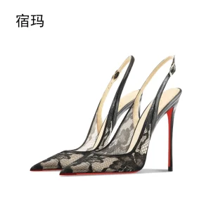 Sandales à talons hauts en dentelle noire pour l&rsquo;été 2025, nouveau talon pointu et fin, bouche peu profonde, chaussure unique professionnelle confortable