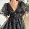 robe de bal en tulle étoilé scintillant pour femmes, ligne a, manches bouffantes, avec fente, robes de soirée formelles, robes de cocktail