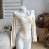 T-shirt à manches longues et col licou pour femme, haut court et Slim irrégulier, chemise de Base, automne et hiver