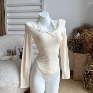 T-shirt à manches longues et col licou pour femme, haut court et Slim irrégulier, chemise de Base, automne et hiver