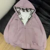 sweats à capuche à carreaux vintage avec poches pour femmes, sweats à capuche en velours doux, températeur assressenti, haute qualité, étudiants, ulzzang, unisexe, nouveau