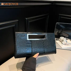 Pochette de luxe en cuir PU Crocodile, pochette Chic noire, sacs de soirée, poignée en métal, fourre-tout moyen, sac à main enveloppe, sac de dîner de fête