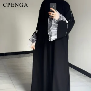 Abaya noir d&rsquo;été pour femmes musulmanes, Robe modeste élégante de dubaï avec manches en dentelle, tenue de vacances islamique, Kaftan turc 2025