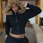 Veste à capuche Patchwork pour femme, manteau court avec fermeture éclair à la taille, à la mode, polyvalent, de rue, nouvelle collection automne hiver