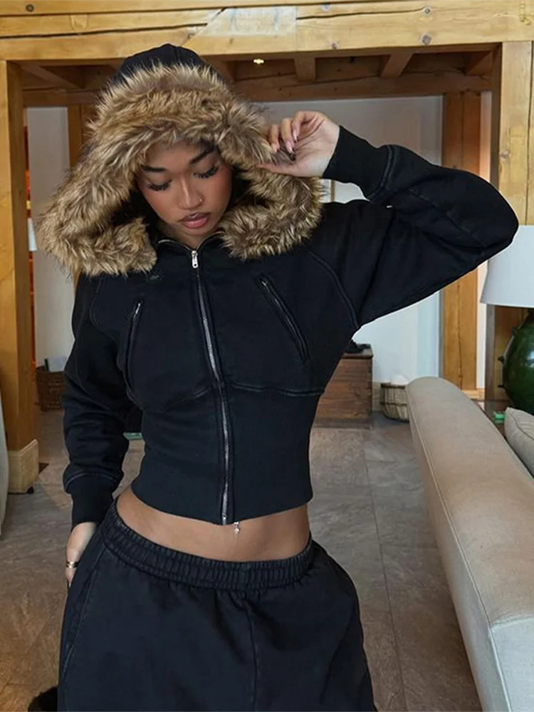 Veste à capuche Patchwork pour femme, manteau court avec fermeture éclair à la taille, à la mode, polyvalent, de rue, nouvelle collection automne hiver Veste à capuche Patchwork pour femme, manteau court avec fermeture éclair à la taille, à la mode, polyvalent, de rue, nouvelle collection automne hiver