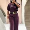 ensemble pantalon long avec ceinture élégante pour femmes, chemises à manches courtes, jambes larges, ensemble 2 pièces, tenues chics pour bureau, y2k