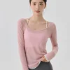 couverture de yoga pour femmes, avec cravate au dos, chemise légère à manches longues, coupe cintrée, dos sexy révélant, vêtements de gymnastique