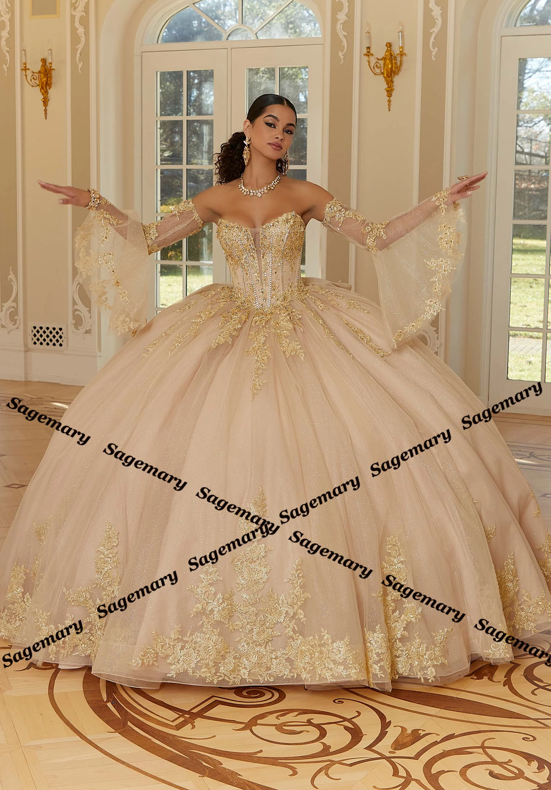 Sagemary – robes de Quinceanera sans bretelles à paillettes pour filles, avec des Appliques en dentelle, robe de bal, Corset, manches détachables, Tulle et strass
