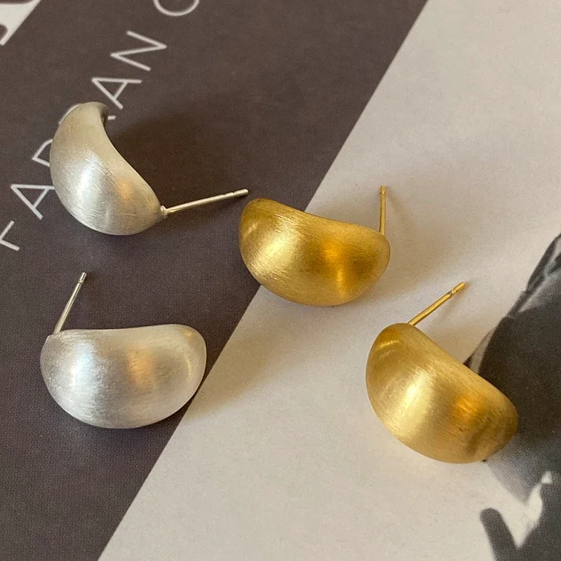 Boucles d'oreilles géométriques arquées brossées en argent Sterling 925 véritable pour femmes, bijoux fins tendance, accessoire minimaliste, 18K