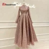 Robe de soirée de mariage trapèze arabe de dubaï pour femmes musulmanes, col haut, manches longues, paillettes, robe de bal formelle, personnalisée, 2025