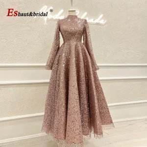 Robe de soirée de mariage trapèze arabe de dubaï pour femmes musulmanes, col haut, manches longues, paillettes, robe de bal formelle, personnalisée, 2025