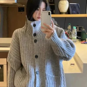 Pull Triblockchain Torsadé Gris pour Femme, Cardigan Chaud, Harajuku, Col Montant, Vintage, à la Mode, Automne et Hiver