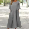 Robe mi-longue élégante pour femmes, coupe ample, avec poches, décor de boutons, ligne a, Silhouette, encolure O, manches courtes, couleur unie