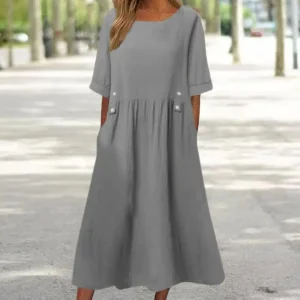 Robe mi-longue élégante pour femmes, coupe ample, avec poches, décor de boutons, ligne a, Silhouette, encolure O, manches courtes, couleur unie