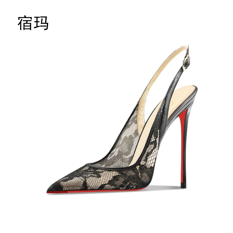 sandales à talons hauts en dentelle noire pour l'été 2025, nouveau talon pointu et fin, bouche peu profonde, chaussure unique professionnelle confortable
