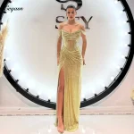 Robe de soirée de forme sirène, tenue de soirée dorée scintillante, sans bretelles, fente latérale, élégante, pour occasions formelles, Gala, personnalisée, 2025