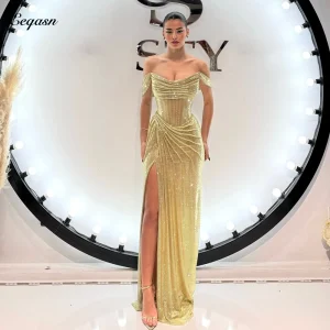 Robe de soirée de forme sirène, tenue de soirée dorée scintillante, sans bretelles, fente latérale, élégante, pour occasions formelles, Gala, personnalisée, 2025