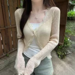 Cardigan en tricot côtelé pour femmes, garniture en dentelle, un bouton, manches longues, haut court, ouvert sur le devant, pull, tenue féerique d&rsquo;été