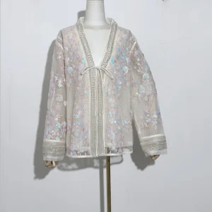 Amzing nouveau doux belle femmes brodé Floral paillettes 2 coupe perlée col en v Vintage haut Kimono veste Blouse Cardigan Streetwear Amzing nouveau doux belle femmes brodé Floral paillettes 2 coupe perlée col en v Vintage haut Kimono veste Blouse Cardigan Streetwear