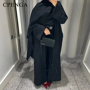 Robe Abaya modeste élégante de dubaï avec Cape attachée Eid pour femmes arabes, Cardigan musulman, tenue de voyage islamique d’hiver, caftan turc Robe Abaya modeste élégante de dubaï avec Cape attachée Eid pour femmes arabes, Cardigan musulman, tenue de voyage islamique d’hiver, caftan turc