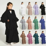 Musulman douce fille Abaya en mousseline de soie 3 couches Robe de gâteau Eid diamant enfants Abayas dubaï arabe Islam Abayas enfants Robe Cardigan