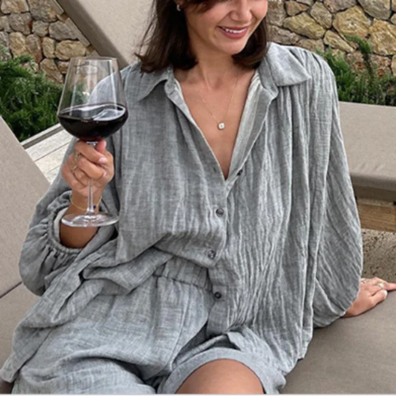 Ensembles courts amples pour femmes printemps été chemises de couleur unie à manches courtes 2 pièces ensembles tenue Vintage femmes costumes ensemble Short et haut