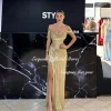 robe de soirée de forme sirène, tenue de soirée dorée scintillante, sans bretelles, fente latérale, élégante, pour occasions formelles, gala, personnalisée, 2025