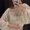 t shirt en maille à paillettes pour femmes, tricoté, perles ajourées, col rond scintillant, manches longues, ample, chemisier court, pull en tricot