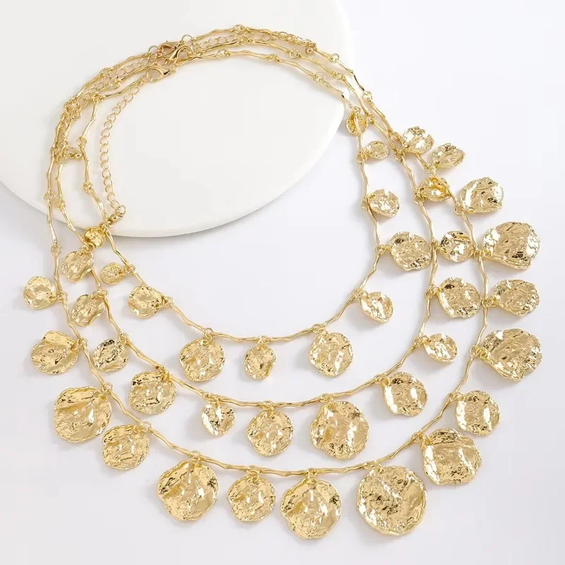 Bijoux à la mode couleur or Vintage Style Cool, pendentif multicouche empilé géométrique circulaire, collier de pièces de monnaie, 2024