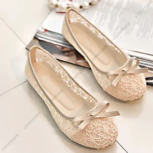 Comemore ballerines mode nœud papillon femmes chaussures sans lacet plat doux creux été femme chaussure Beige 2025 nouvelles femmes chaussures plates