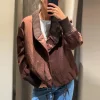veste portefeuille marron tendance pour femmes, col tricoté solide et poignets, cordon de serrage à la taille, haut confortable et décontracté, nouvelle collection 20225, chic, streetwear