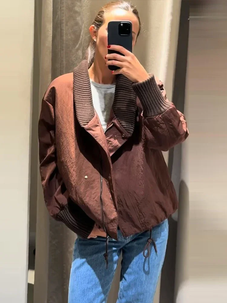 veste portefeuille marron tendance pour femmes, col tricoté solide et poignets, cordon de serrage à la taille, haut confortable et décontracté, nouvelle collection 20225, chic, streetwear