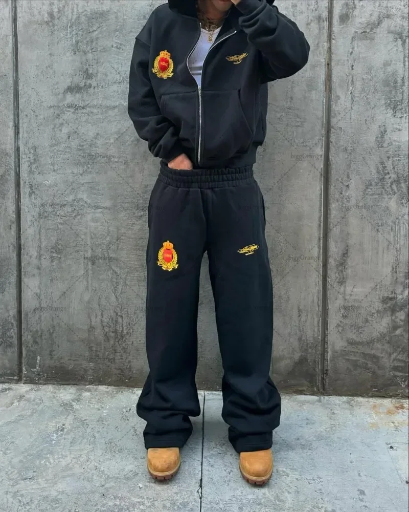 sweat à capuche pour hommes, style hip hop américain, décontracté, harajuku, rétro, mode, vêtements de rue, pantalon, classique, lettre imprimée, ensemble avec fermeture éclair