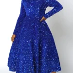 Robe de cocktail mi-longue plissée à paillettes, robe trapèze, manches longues, col rond, semi-formel, grande taille, mode printemps, 2024