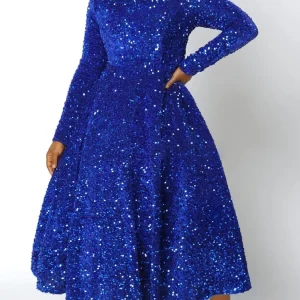 Robe de cocktail mi-longue plissée à paillettes, robe trapèze, manches longues, col rond, semi-formel, grande taille, mode printemps, 2024