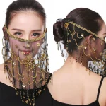 Voile facial de danse du ventre pour femmes, accessoires de costume de danse indienne, masque de mascarade Tribal à paillettes, écharpe enveloppante, masque à pompon