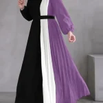 ZANZEA Hijabs femmes Robes longues plissées modeste contraste-couleur à manches longues ceinturée a-ligne robe Maxi Abaya Robes vêtements musulmans