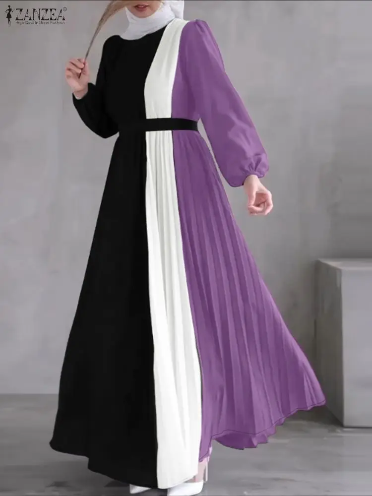 ZANZEA Hijabs femmes Robes longues plissées modeste contraste-couleur à manches longues ceinturée a-ligne robe Maxi Abaya Robes vêtements musulmans ZANZEA Hijabs femmes Robes longues plissées modeste contraste-couleur à manches longues ceinturée a-ligne robe Maxi Abaya Robes vêtements musulmans