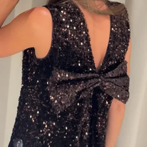 Robe courte à gros nœud à paillettes pour femmes, sans manches, col en v, robes de soirée brillantes, Festival de noël, Club, 2025