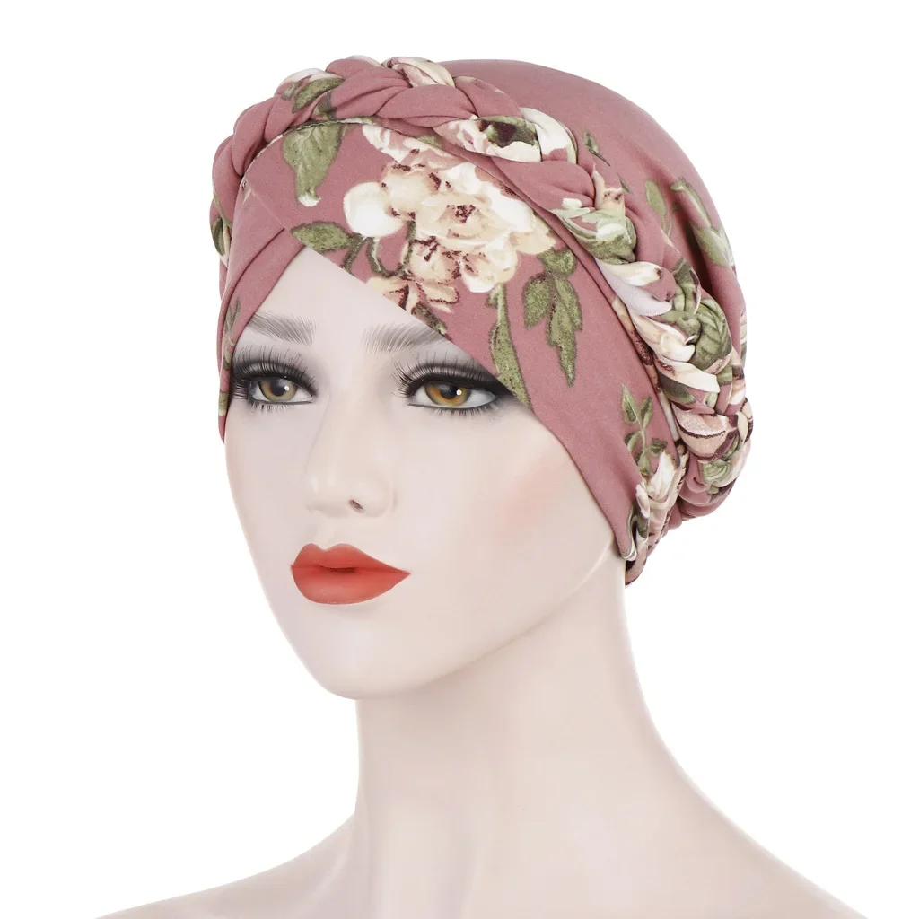 hijabs tressés pour femmes musulmanes, turban élégant, enveloppement de sauna islamique, bonnets élastiques, imprimé floral, front croisé, fête
