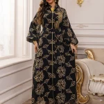Abaya musulman noir élégant, broderie florale noire, vêtements islamiques polyvalents et modeste avec style culturel arabe pour décontracté de Dubaï