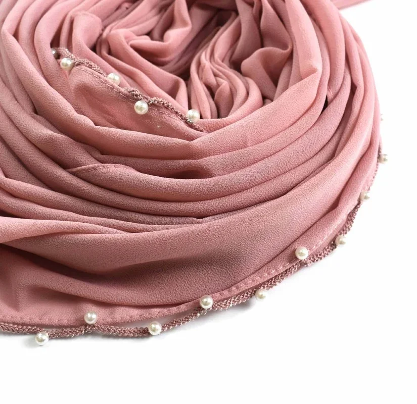 women hijabs muslim new casual solid color chiffon wave edge beaded long scarf muslim hui scarf america hot selling headscarf