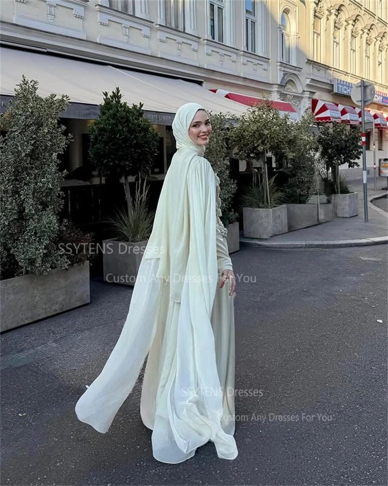 ssytens robes de soirée modestes avec hijab à manches longues cape robe de soirée de mariage musulmane à la main fleur robes de soirée personnalisées