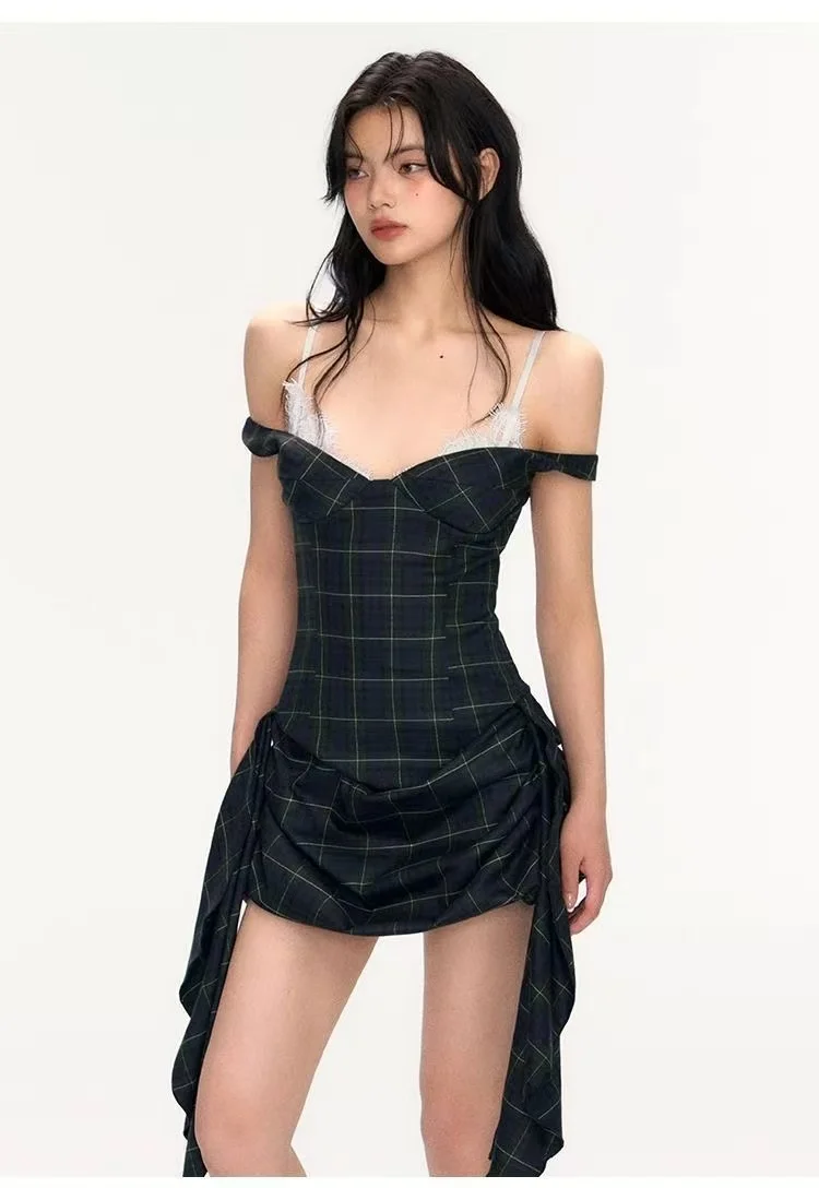 Robe à carreaux deux pièces pour femme - Mini robe froncée avec corset vintage Y2K avec bordure en dentelle
