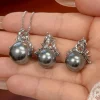 bijoux élégants en perles grises, collier et boucles d'oreilles au design de feuilles avec zircon cz scintillant, accessoires de mode pour femmes, usage quotidien de fête