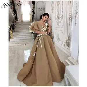 Robe De soirée trapèze marron élégante, manches courtes, avec des Appliques en Tulle, longue robe De bal formelle, robes De Gala, 2025 Robe De soirée trapèze marron élégante, manches courtes, avec des Appliques en Tulle, longue robe De bal formelle, robes De Gala, 2025