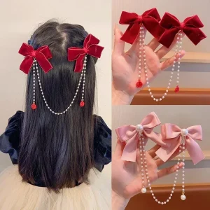 Pince à cheveux en velours monochrome pour enfants, nœud de perle élégant, pince à cheveux pompon, épingles à cheveux princesse, accessoires de beauté, nouvelle mode