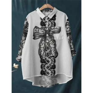 Chemise ample décontractée en dentelle pour femmes, motif nœud, manches longues, col demi-bouton, chemisier Vintage élégant, Sexy, noir, hauts floraux