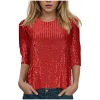 Paillettes perles paillettes T-Shirts pour femmes brillant col rond couleur unie Club hauts de fête mode à manches longues 3/4 manches Blouse